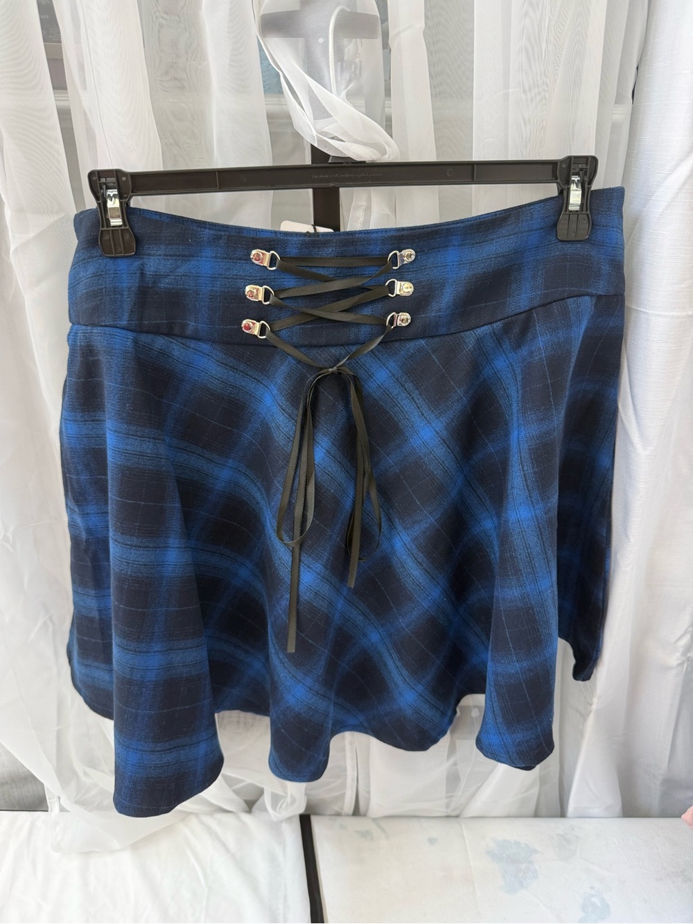 Blue Plaid Lace-Up Women’s Skater Skirt - Unbranded
